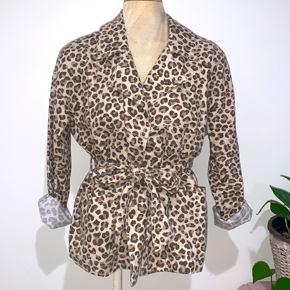 Linen Short Trench Leopard Print Belted Blazer Jacket